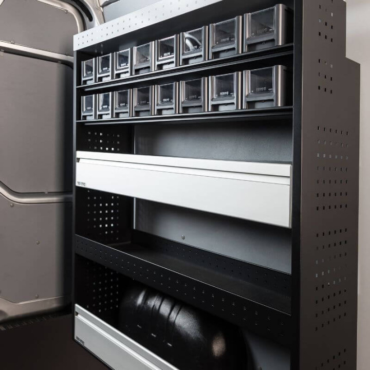 Aménagement PROVAN avec étagères et bacs (gauche ou droite) pour Renault Master 2010-2024 - vue de côté utilitaire