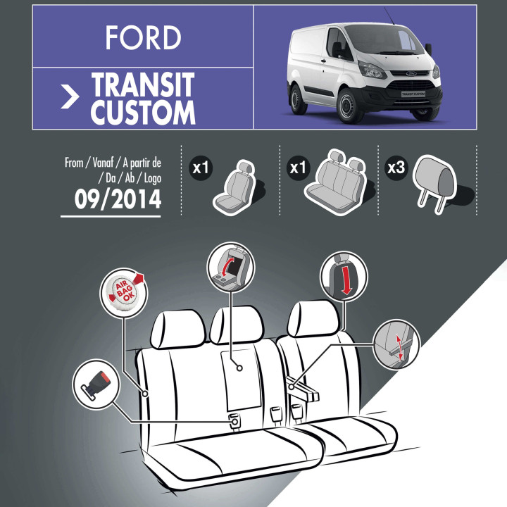 Stoffsitzbezüge für Ford Transit Custom - mit Armlehnen und Ablage