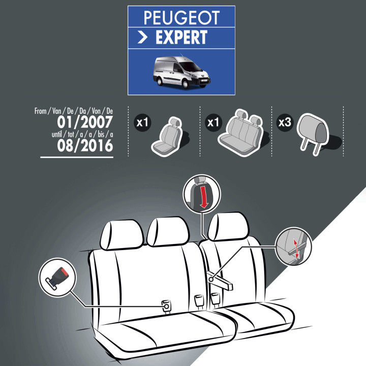 Housses de siège en tissu pour Peugeot Expert 2007 - 2016 - avec accoudoirs